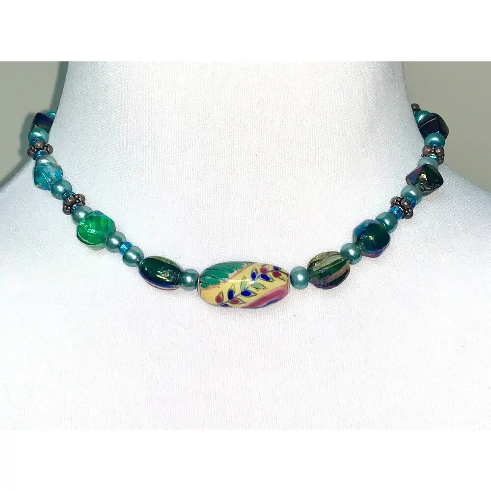 Boho Colorful Painted Iridescent Glass Beaded Choker Statement Necklace